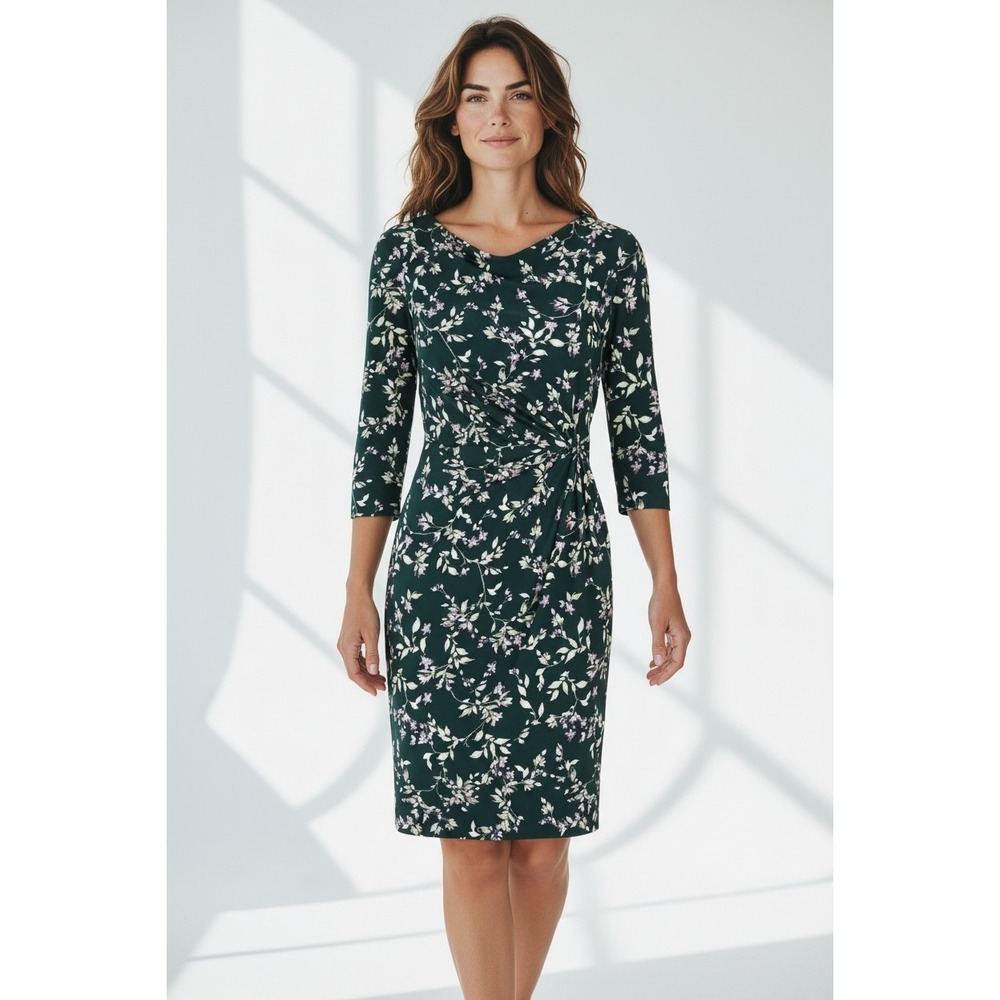 Lauren Ralph Lauren 3/4 Sleeve Green Floral Side Ruched Knee Length Dress - 6